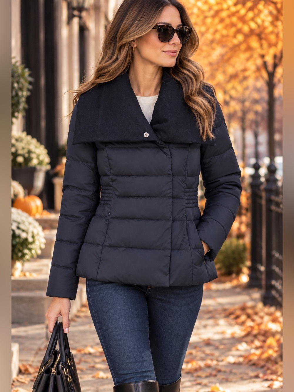 Happy Goat Lucky Navy Puffer Jacket Oversized Collar Quilted Winter Coat